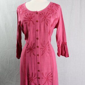 BFA Classic Embroidered Button Front Dress M Boho Fuchsia Rayon Midi Tie Back